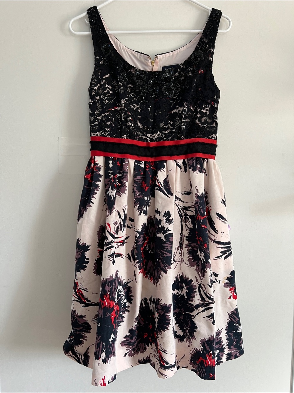 Peter Som Black Lace Bodice Floral Dress with Red Accent